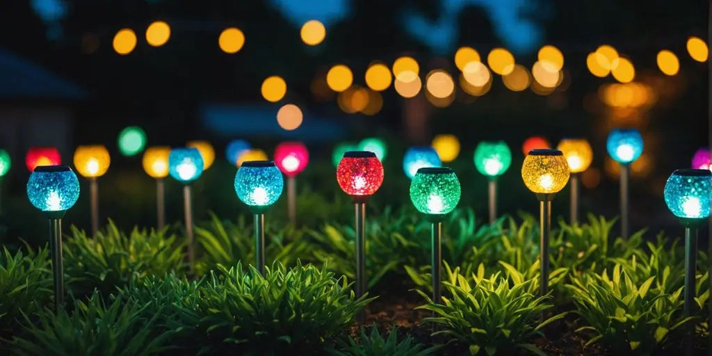 Solar garden lights glowing in a beautifully lit yard.