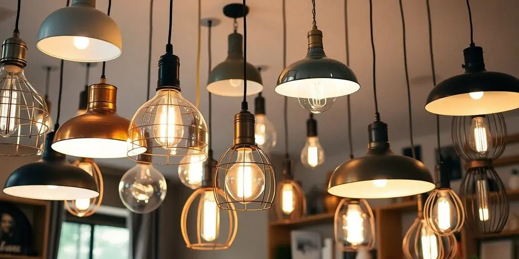 Hanging lights in various styles and colors for decor.