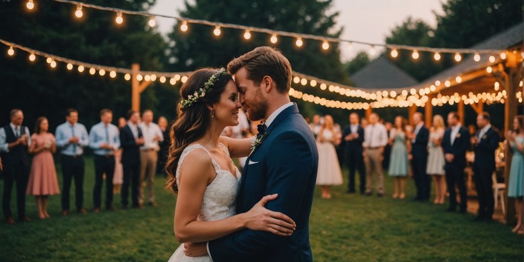 Outdoor wedding with string lights at twilight