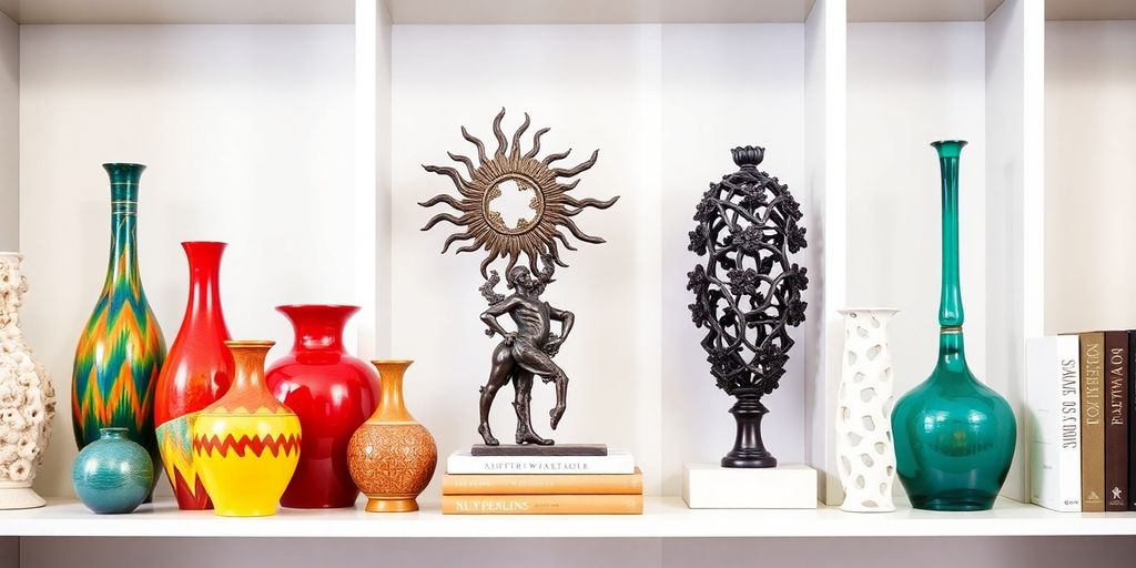 Decorative objects on a stylish shelf in a home.