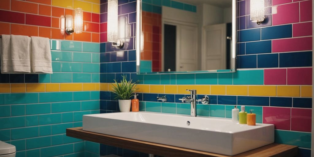 Modern bathroom with colorful tiles and fixtures