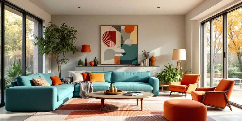 Mid-century modern living room with sleek furniture and decor.