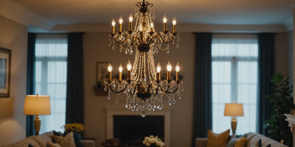 Chandelier lighting up a chic, compact living space.