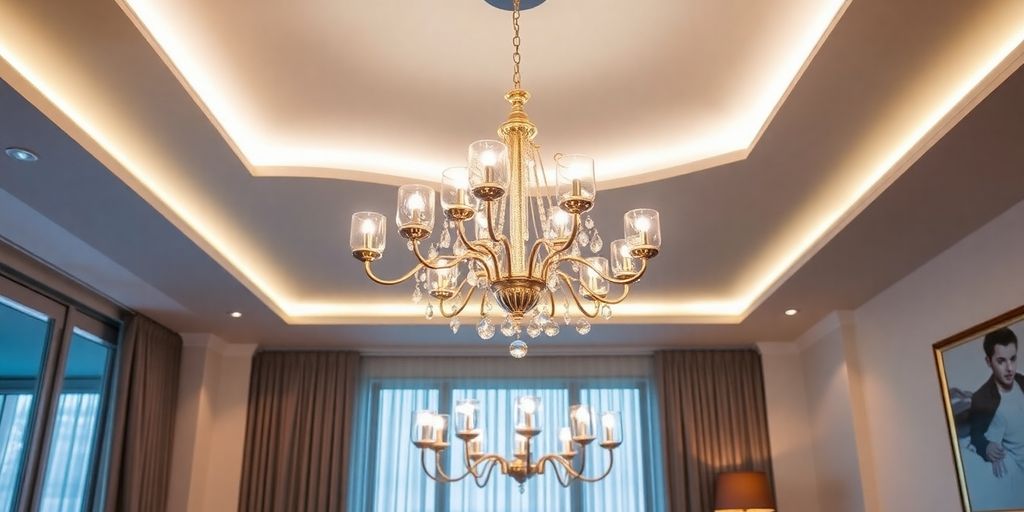 Elegant modern chandelier illuminating a stylish dining room.