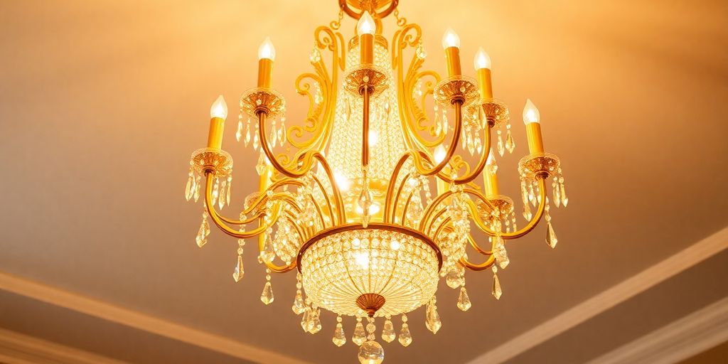 Elegant gold chandelier with sparkling crystals and warm light.