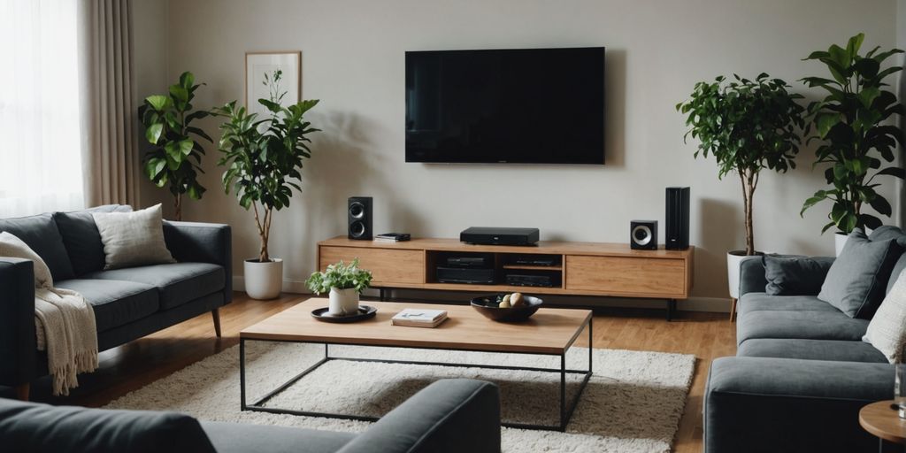 Living room with eco-friendly decor and smart home devices