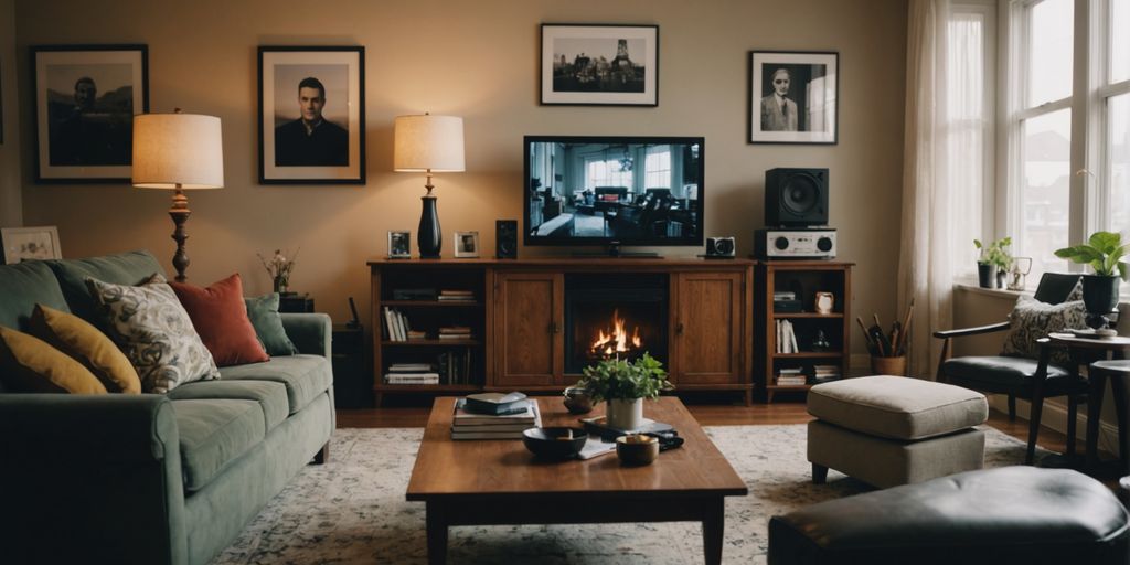 Messy living room with clashing furniture and decorations.