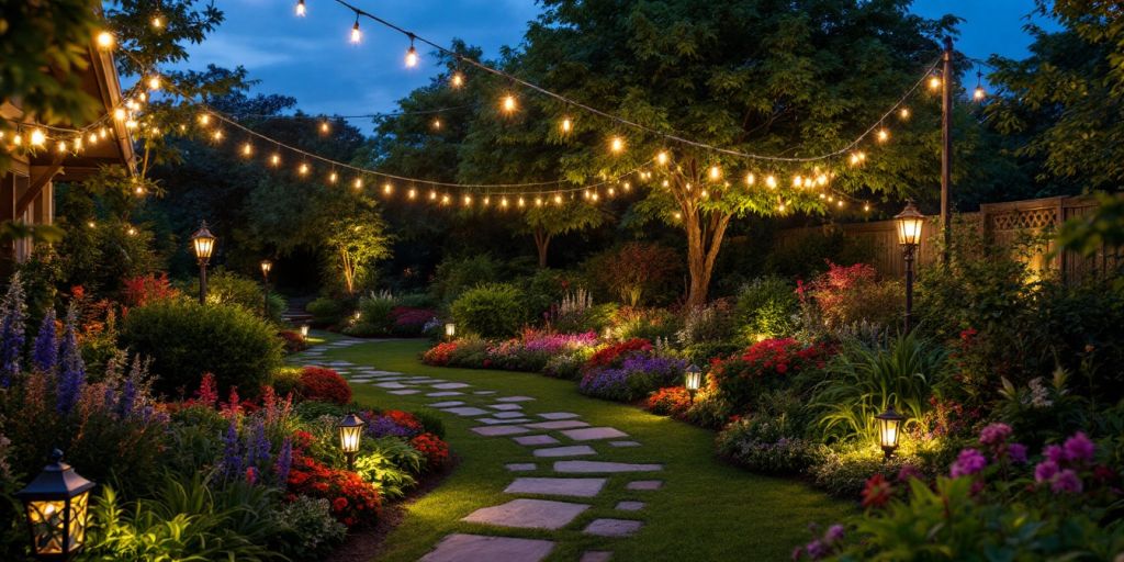 A garden illuminated with warm outdoor lighting at dusk.