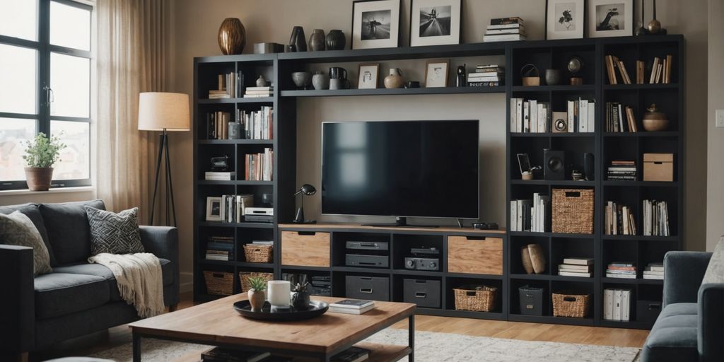 Living room with efficient storage and modern design