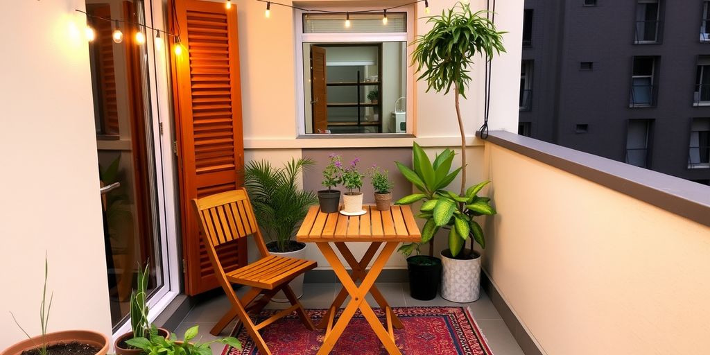 Cozy balcony with table, chairs, plants, and string lights.