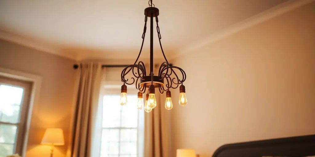 Elegant small chandelier in a cozy bedroom setting.