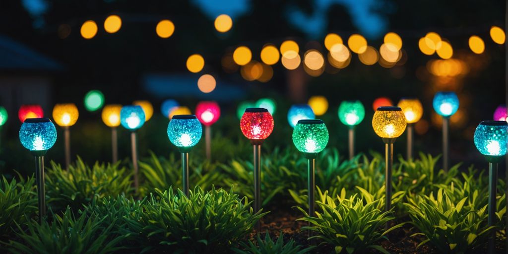 Solar garden lights glowing in a beautifully lit yard.