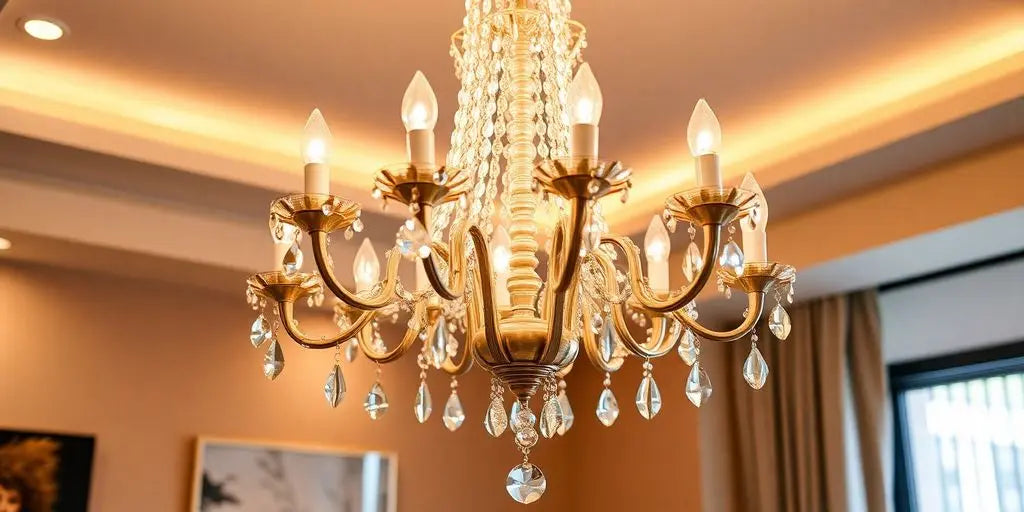 Elegant chandelier with crystals illuminating a stylish room.