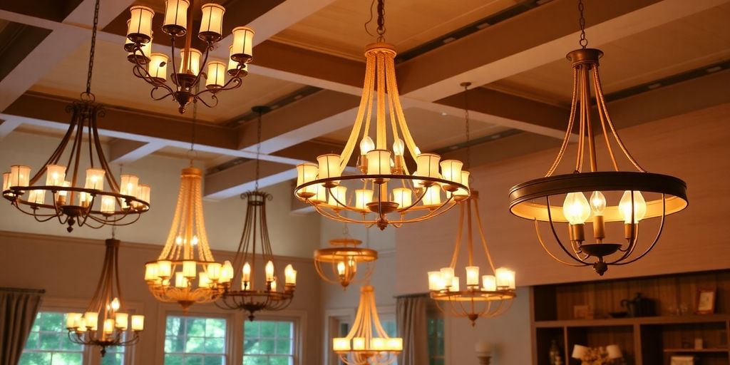 Elegant Pottery Barn chandeliers illuminating a styled interior.