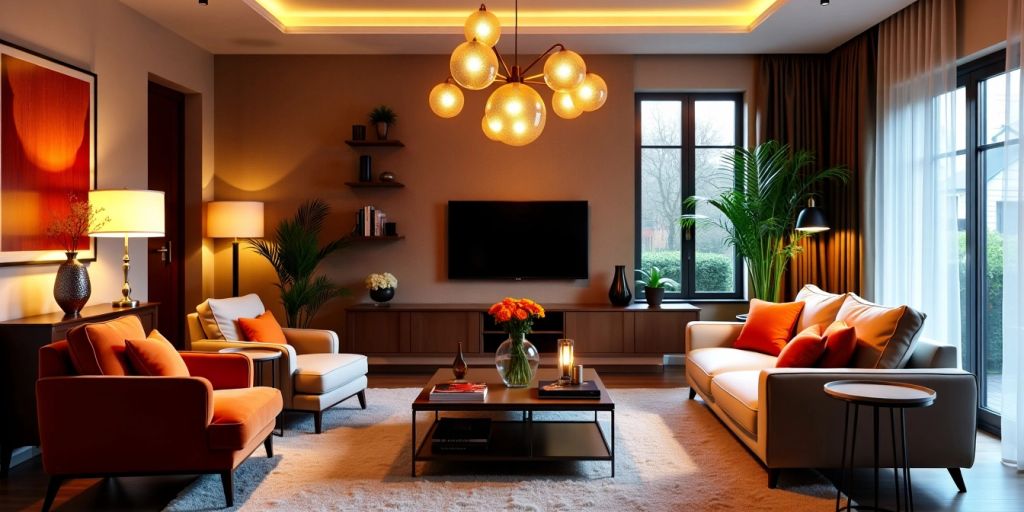 Stylish lighting fixtures in a cozy living room.