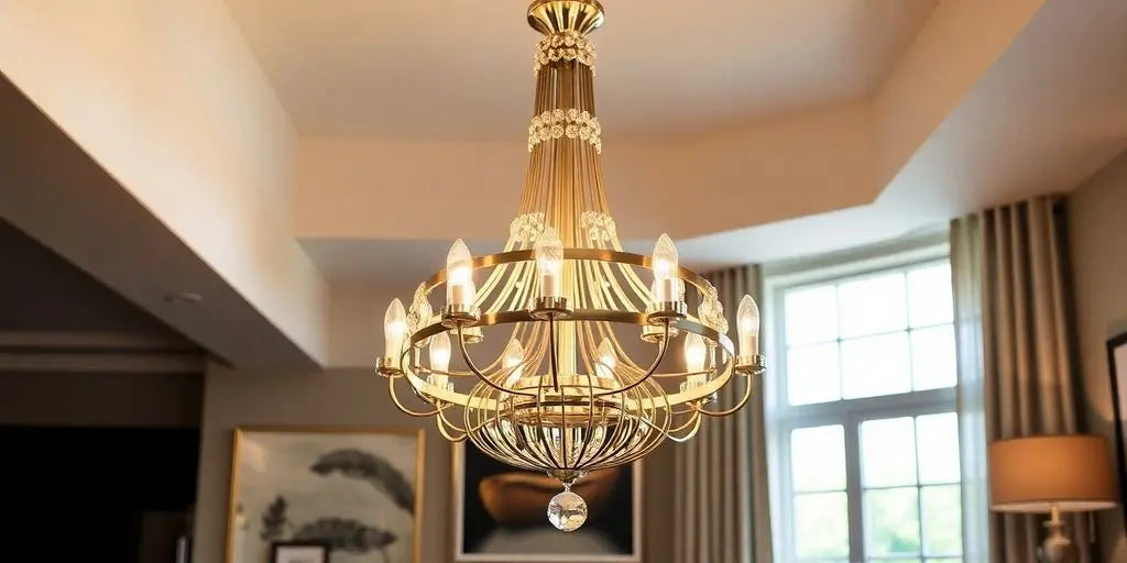 Modern brushed nickel chandelier in a stylish dining room.