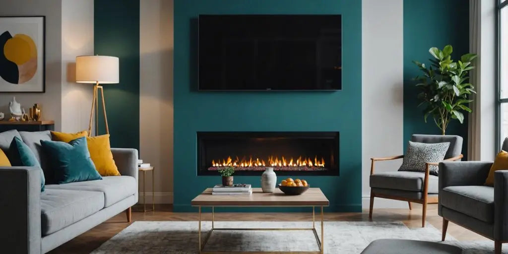 Modern living room with trendy 2023 paint colors.