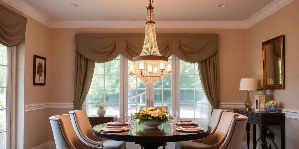 Elegant dining room with a small chandelier overhead.