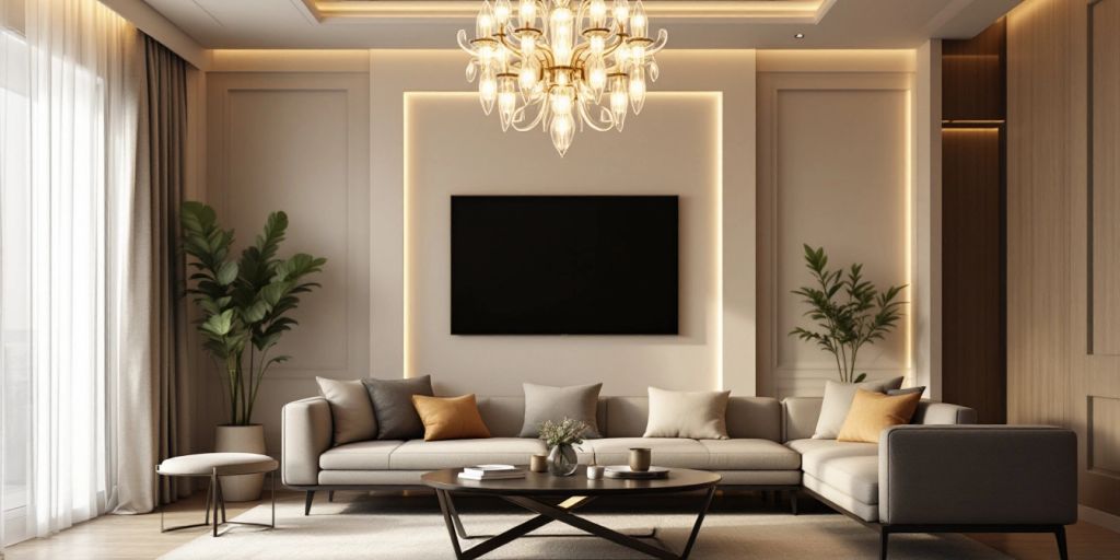 Modern chandelier illuminating a stylish living room.