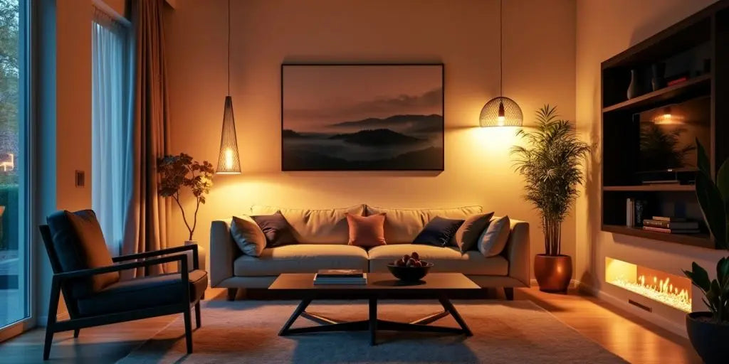 Modern living room with innovative LED lighting fixtures.