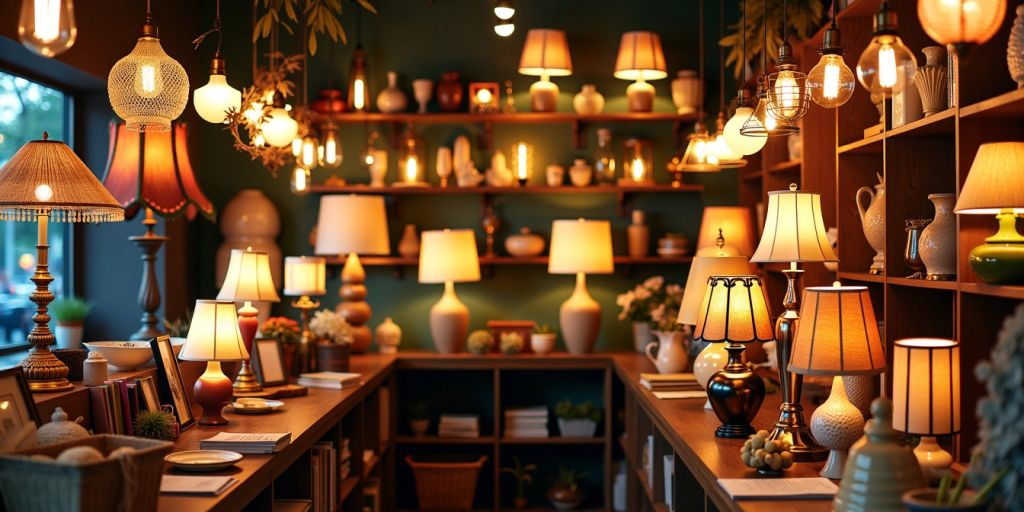 Cozy lamp shop with unique lighting fixtures.