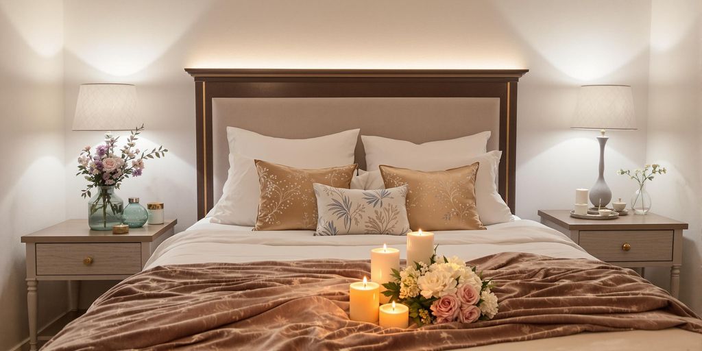 Romantic bedroom with soft lighting and elegant decor.