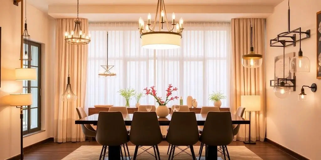 Elegant dining room with beautiful light fixtures.