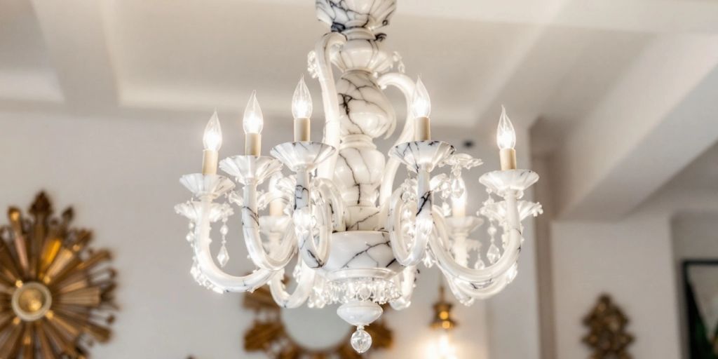 Elegant white marble chandelier illuminating a stylish room.