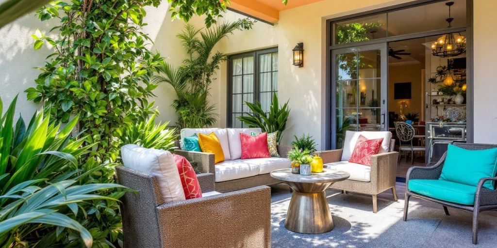 Stylish outdoor patio furniture with cushions and plants.