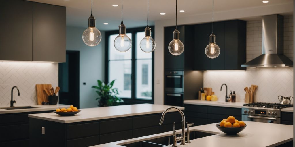 Modern kitchen with sleek minimalist pendant lights.