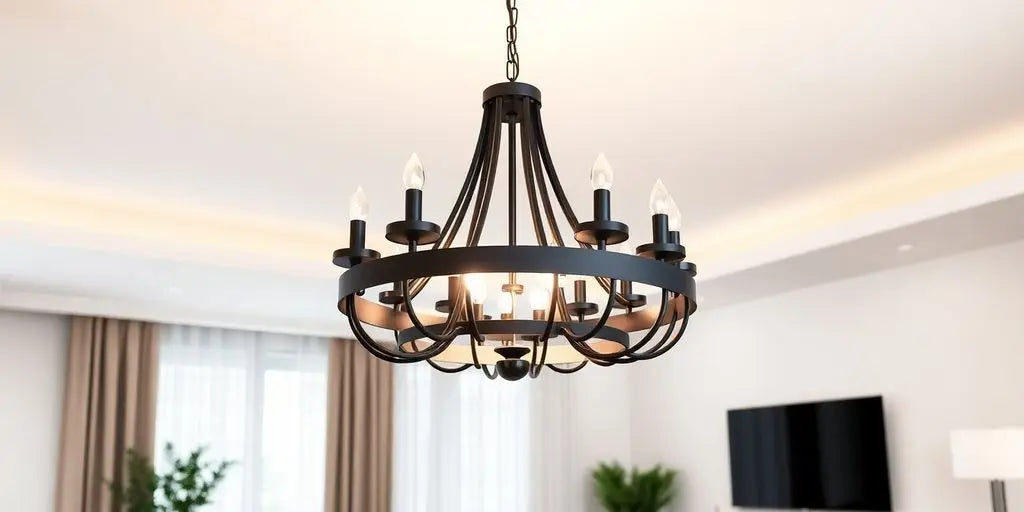 Modern black chandelier illuminating a stylish room.