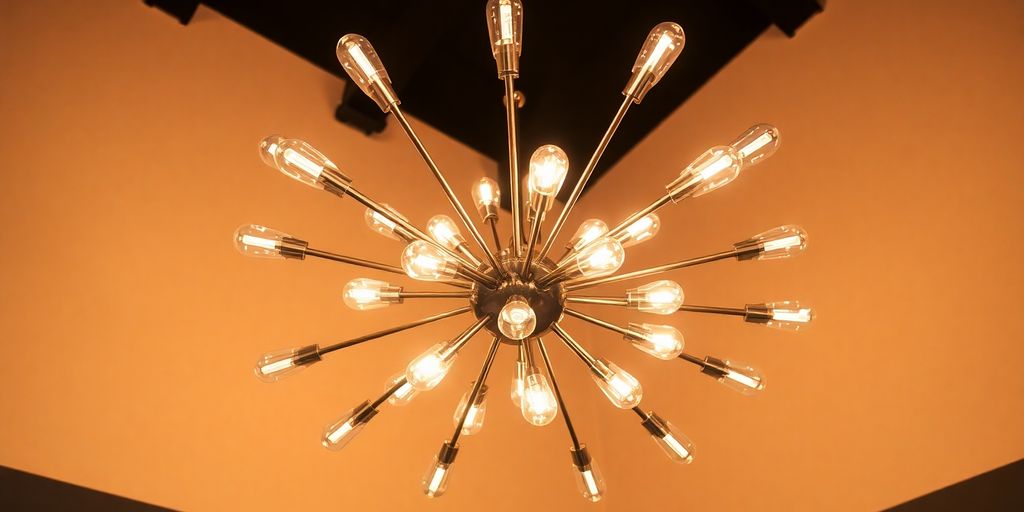 Modern Sputnik chandelier with starburst design and light bulbs.