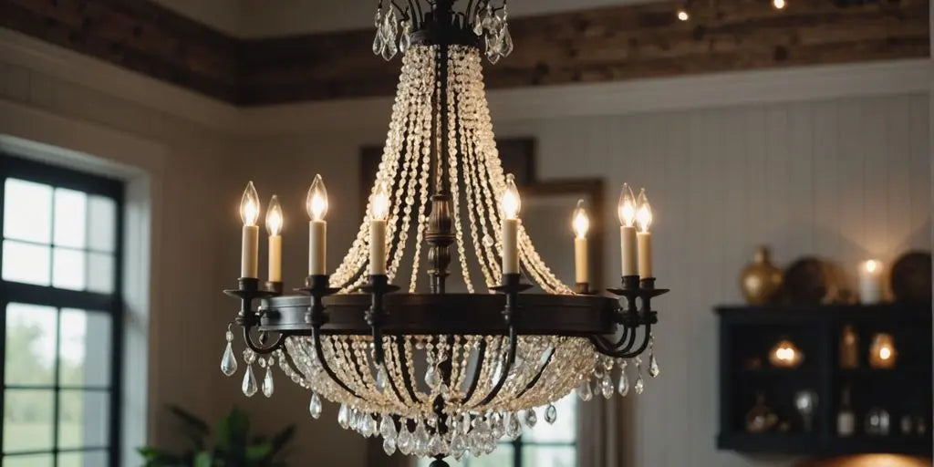 Chandelier in modern farmhouse living room, stylish and elegant.