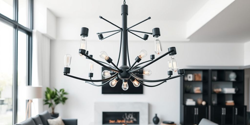 Black modern chandelier in minimalist living room