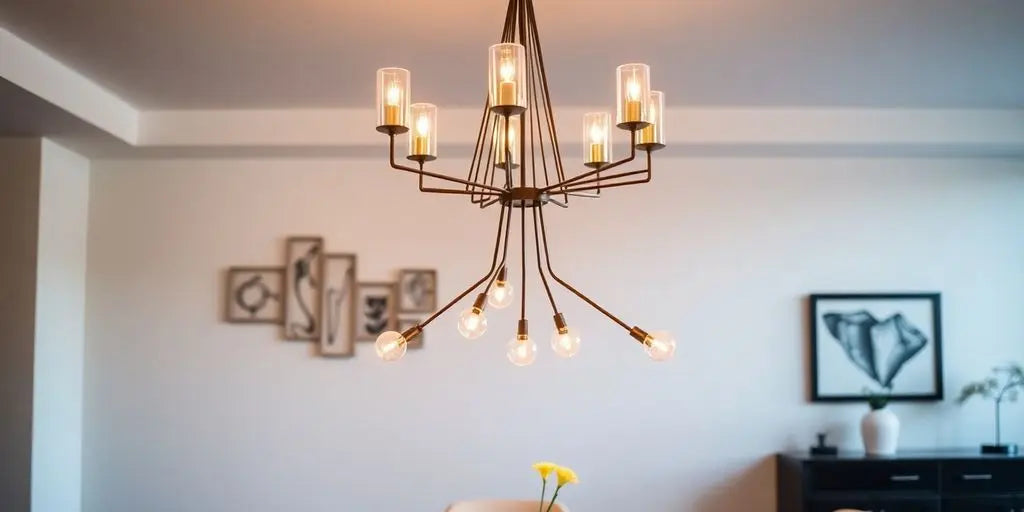 Contemporary chandelier over a modern dining table.