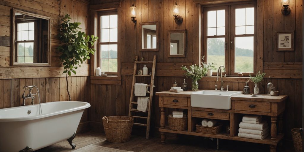 Farmhouse bathroom featuring rustic wooden accents and vintage decor.