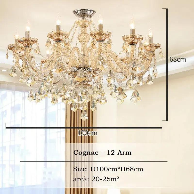 Gold chandelier with crystal accents, dimensions, and area coverage shown.