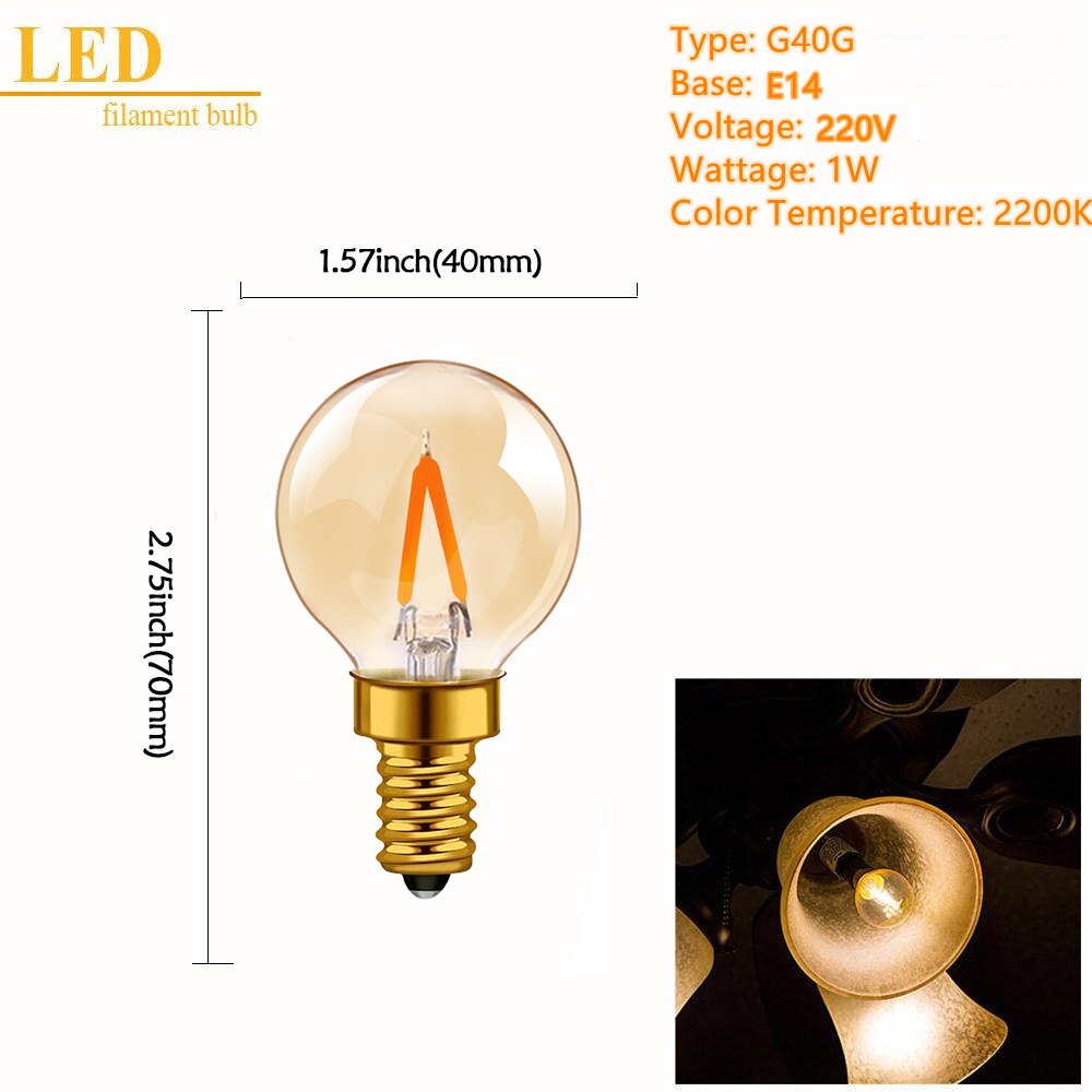 G40 T22 T20 Globe Vintage Led Filament Light Bulb 1w 2200k E12 E14