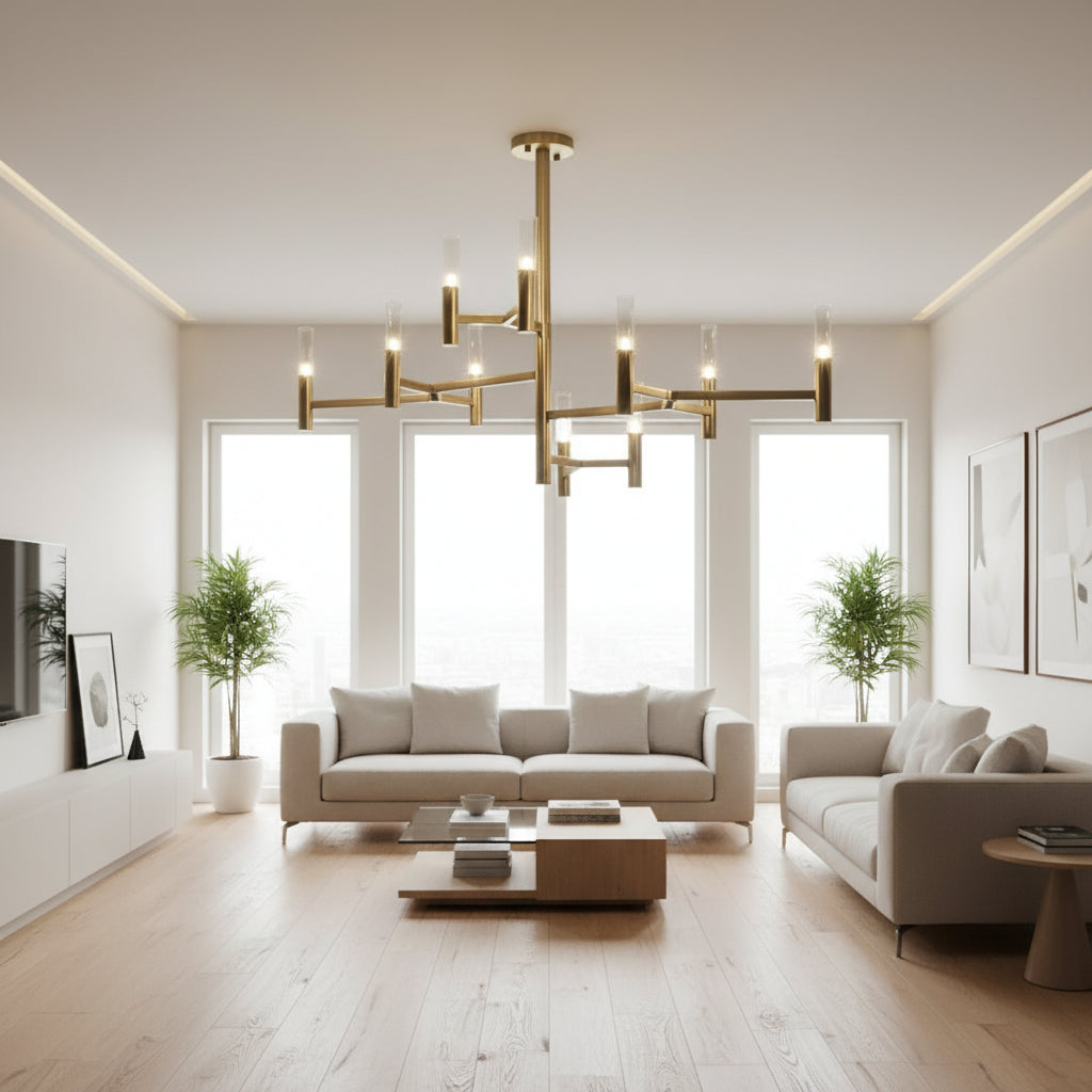 Modern chandelier with multiple lights on a ceiling