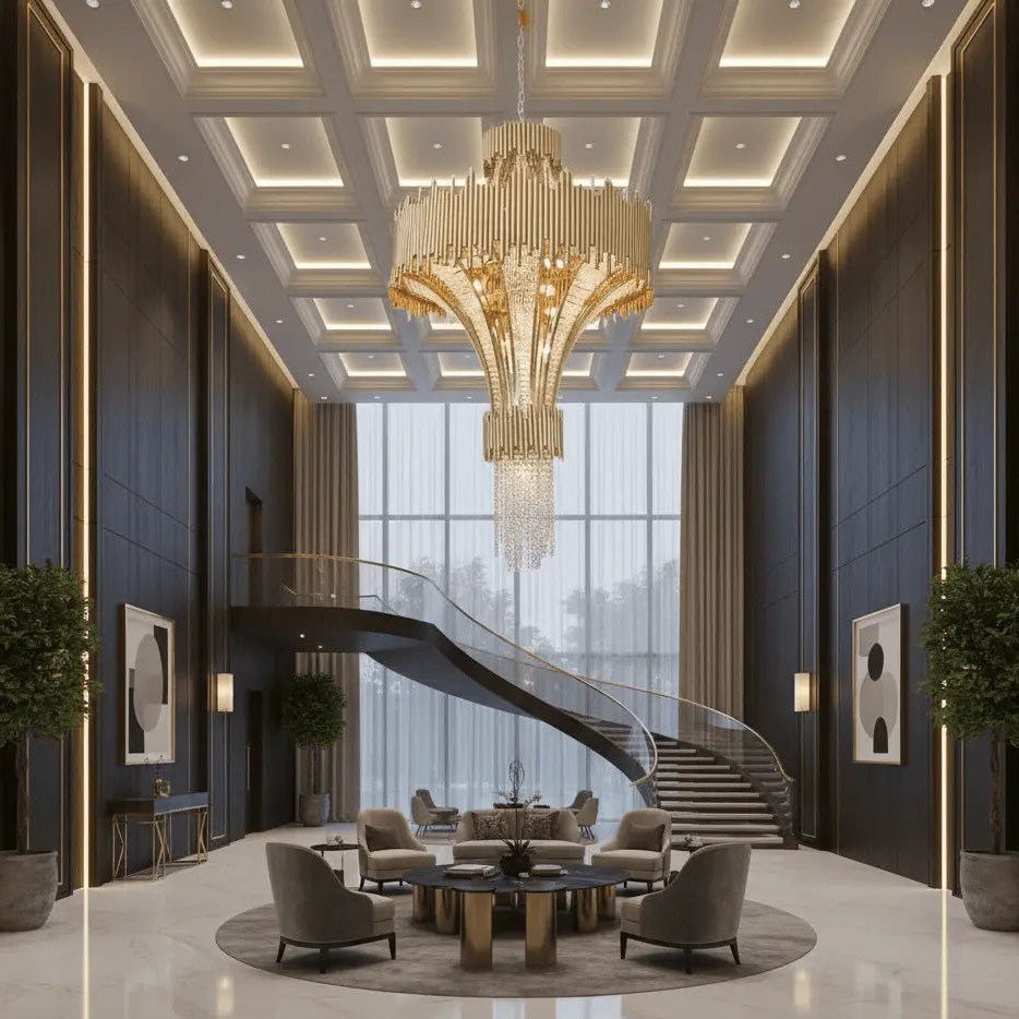 Luxurious interior of a hotel lobby with a grand chandelier and staircase.