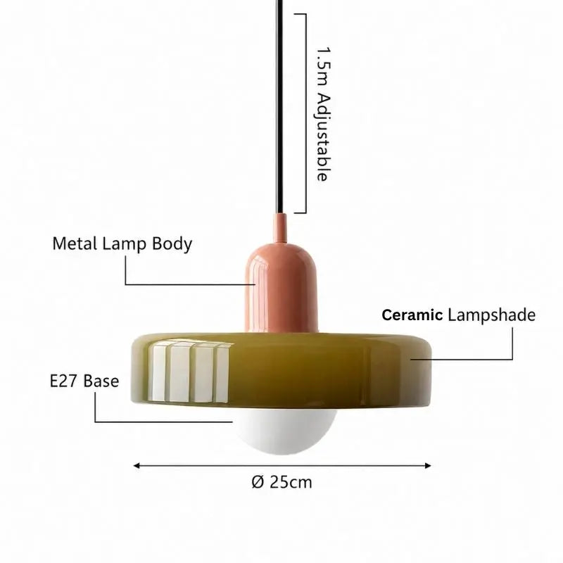 A pendant light fixture diagram with labeled dimensions and parts: a black cord, adjustable 1.5m metal lamp body, ceramic lampshade in olive green, E27 base, and a white bulb below.