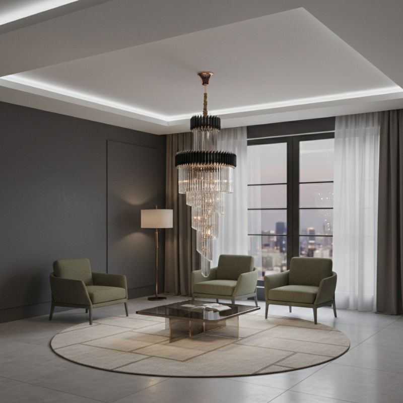 Long Black Crystal Loft Chandelier