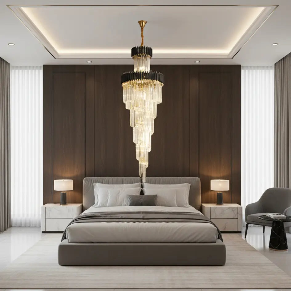 a luxury chandelier in bedroom