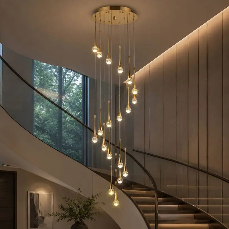 Luxury Crystal Staircase Chandelier | Modern Long Hanging LED Foyer Light