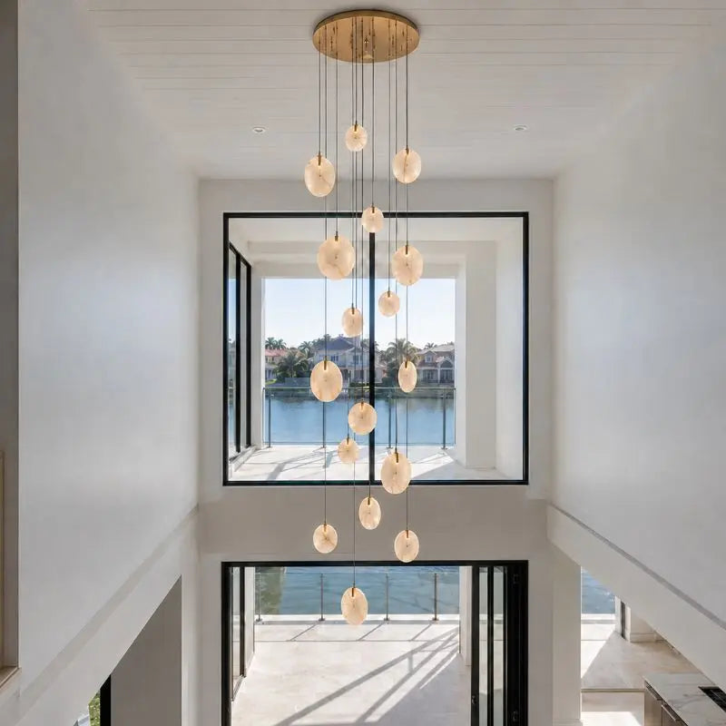 Modern Discs Long Staircase Alabaster Chandelier