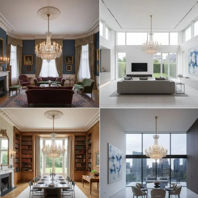 Collage of four different living room settings with chandeliers.