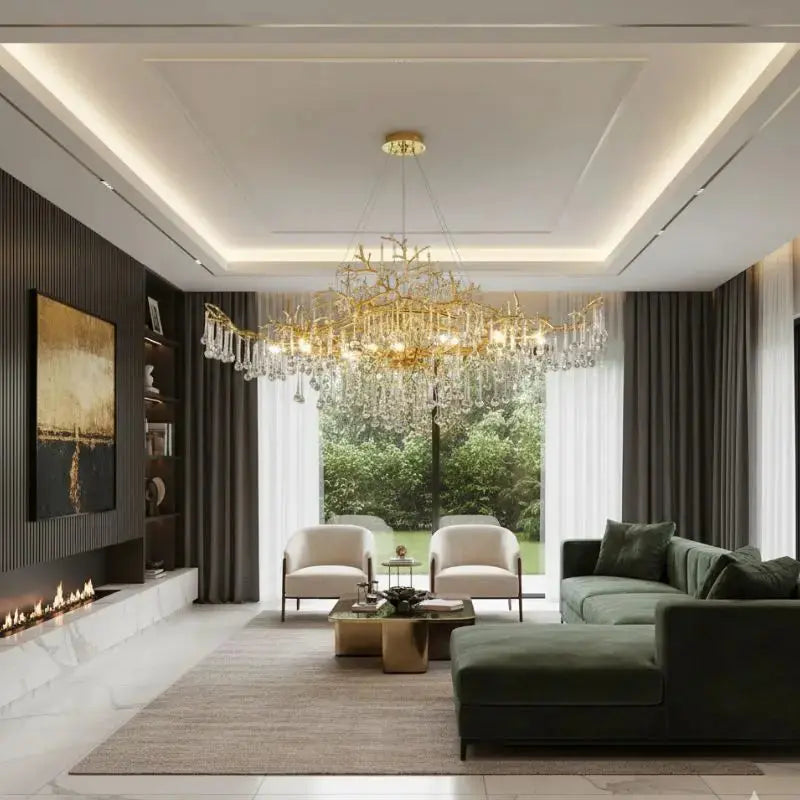 Modern living room with a chandelier, sofa, and fireplace.