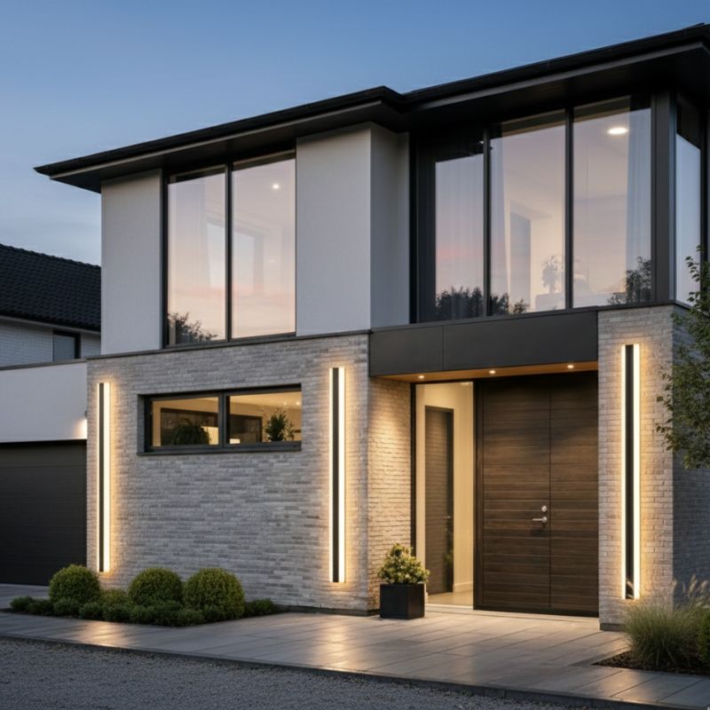 Modern house exterior with large windows and illuminated entrance