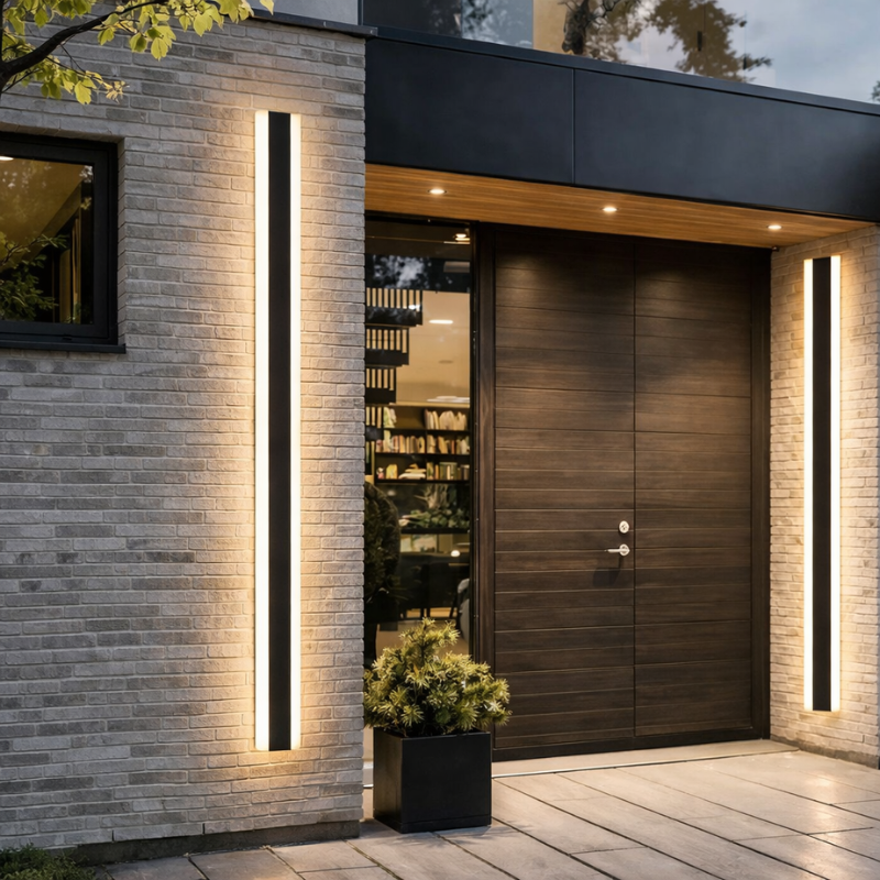 Modern house entrance with wooden door and illuminated vertical lights.