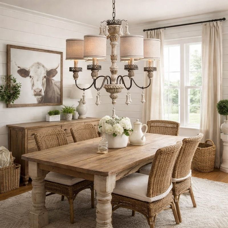 Retro Wood Chandelier With Fabric Shade